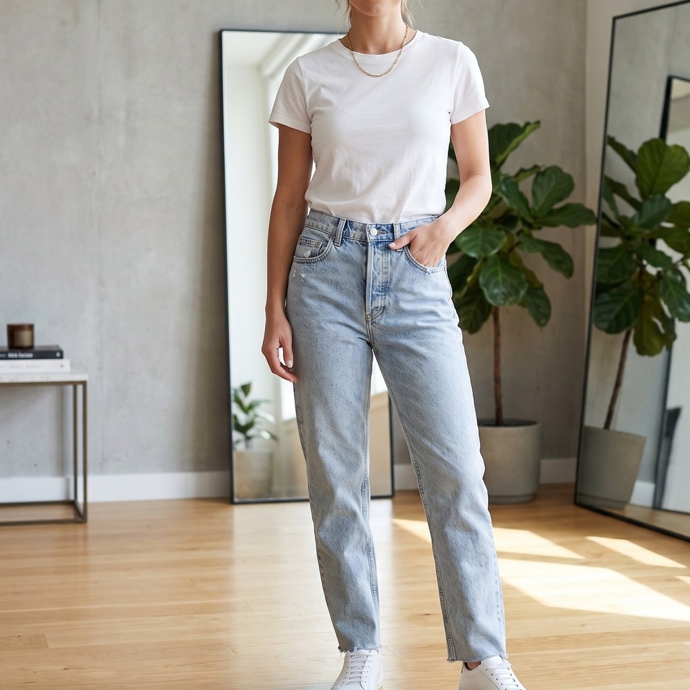 NEW Meshki High Rise Jeans‎ Womens 7 Straight Leg Distressed Raw Hem Light Wash